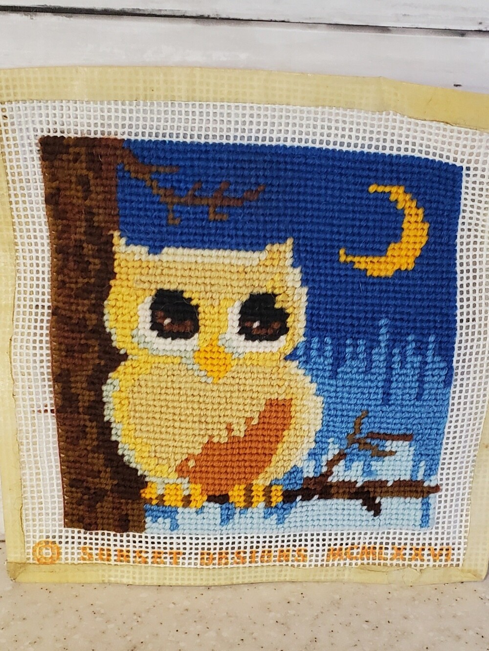 Vintage 1976 Sunset Designs Owl Needlepoint Canvas Finished Crewel Embroidery Ki